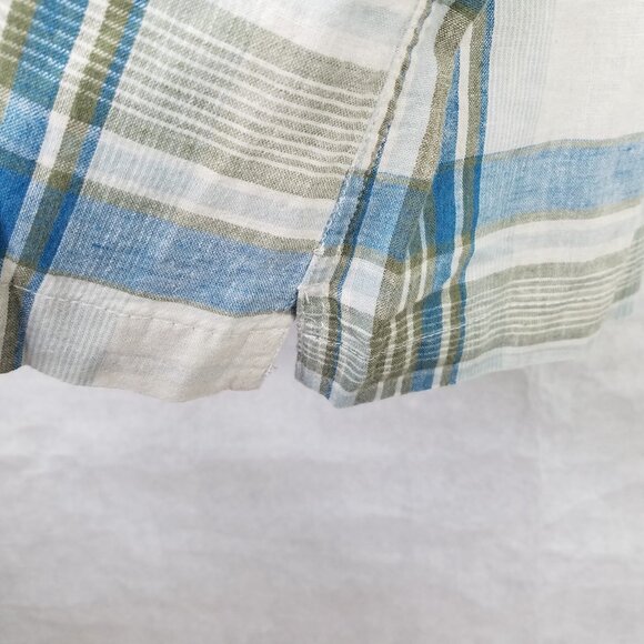 Eddie Bauer Camp Shirt Men's XXL Plaid Short Sleeve Button Up Blue Linen Cotton - Picture 9 of 16